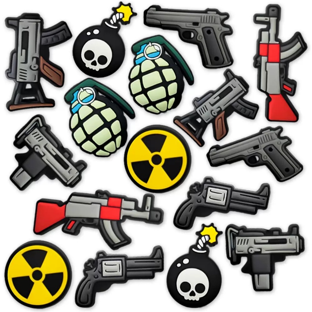 16-100pcs Bomba Pistola Teschio Fibbia per scarpe Sandali Accessori fai da te Scarpe in PVC Pendenti e ciondoli Zoccoli Spilli Decor Unisex Regalo per feste per bambini