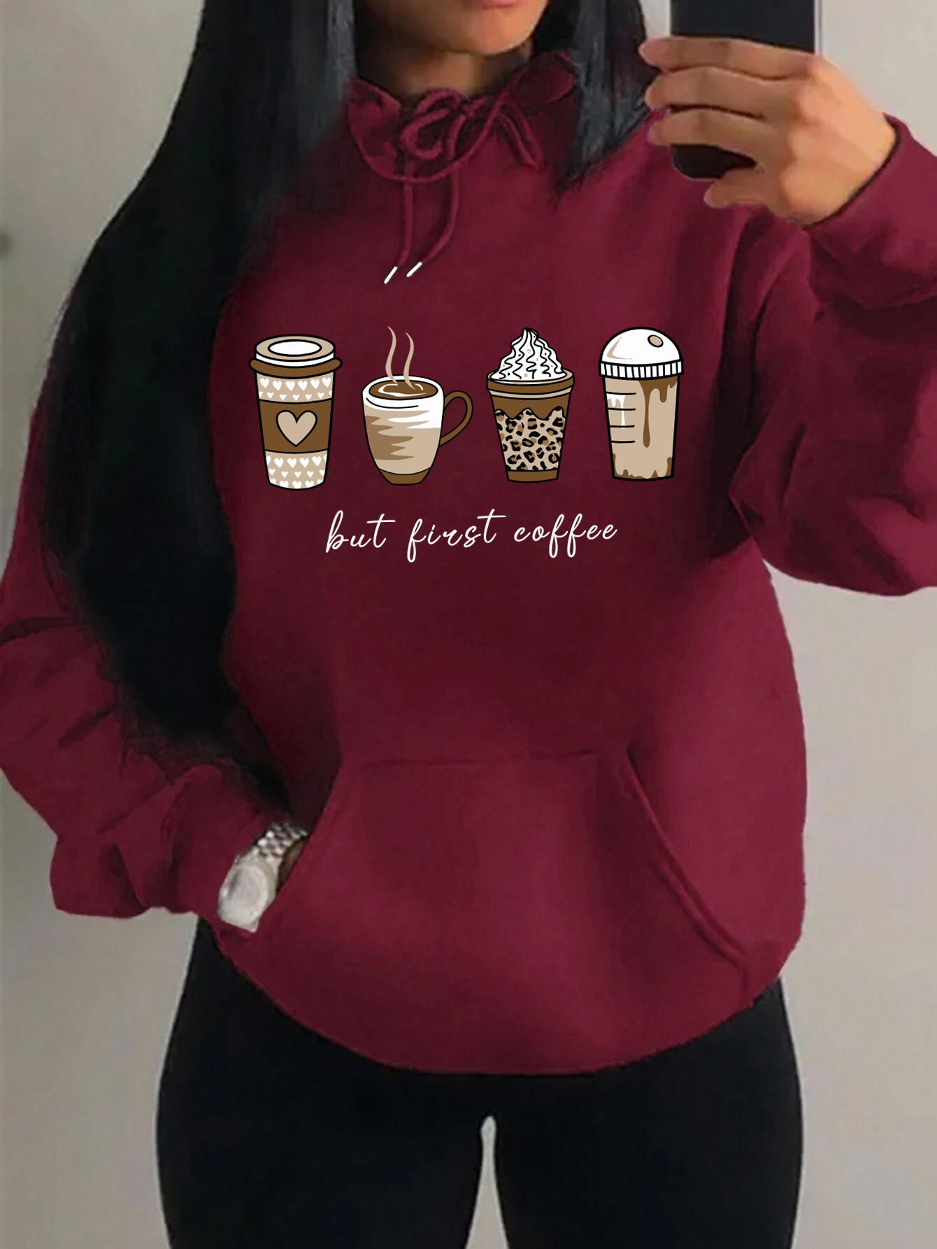 Pero primer café dibujos animados bebidas de café patrón sudaderas con capucha moda cálida Sudadera con capucha Casual moda sudadera calle mujeres jerseys