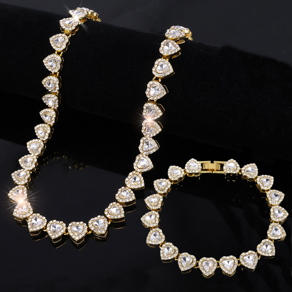 Yupsk 45CM/20CM Glänzende Herz Strass Hip Hop Rock Tennis Kette Armband Halskette für Frauen Männer Trendy schmuck Set Geschenk
