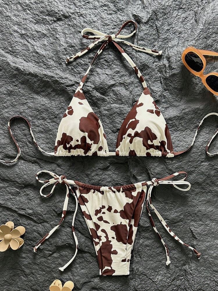 Damen Bikini Set 2026 Sommer Braun Weiß Kuhfell-Print Neckholder Dreieck Seitlich Gebunden Sexy Bademode Strand Urlaub Badeanzug S