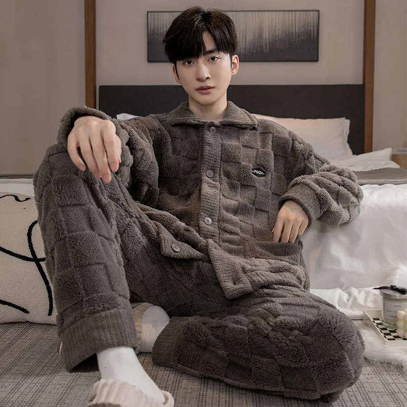 Conjunto de 2 unidades de pijamas para hombre, pantalones cálidos acolchados y gruesos de manga larga, ropa de casa de lana coral para otoño e invierno
