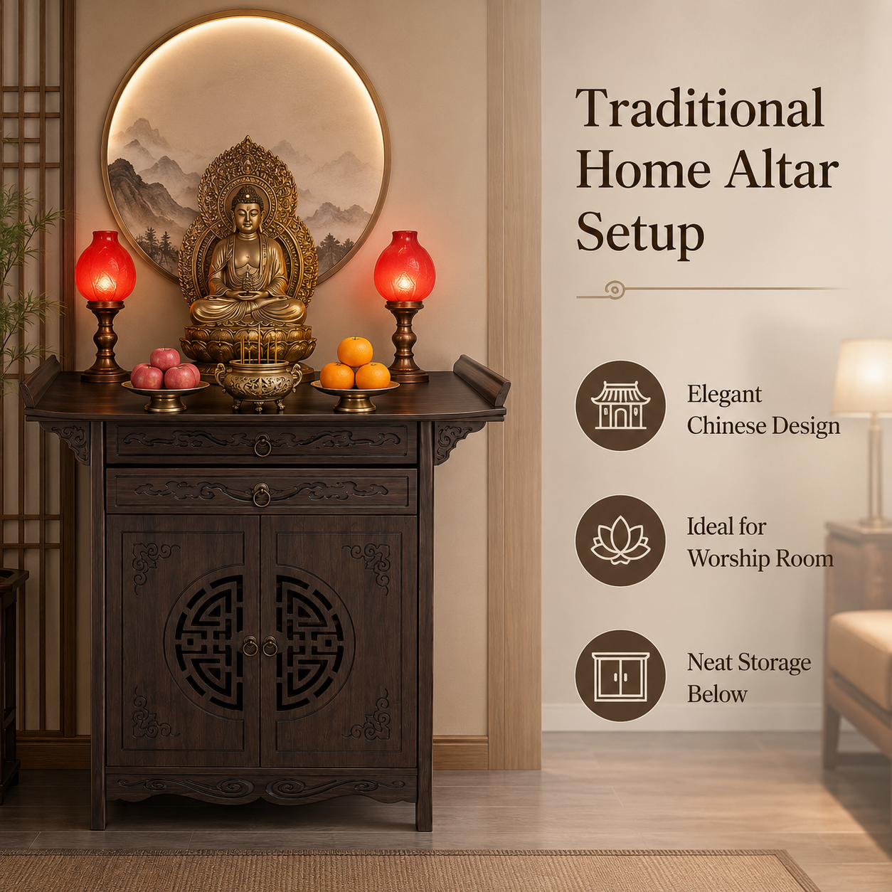 Chinese altaartafel met opbergruimte, traditionele bamboe huiselijke heiligdomstafel met lade, uittrekbaar dienblad voor aanbidding en meditatie