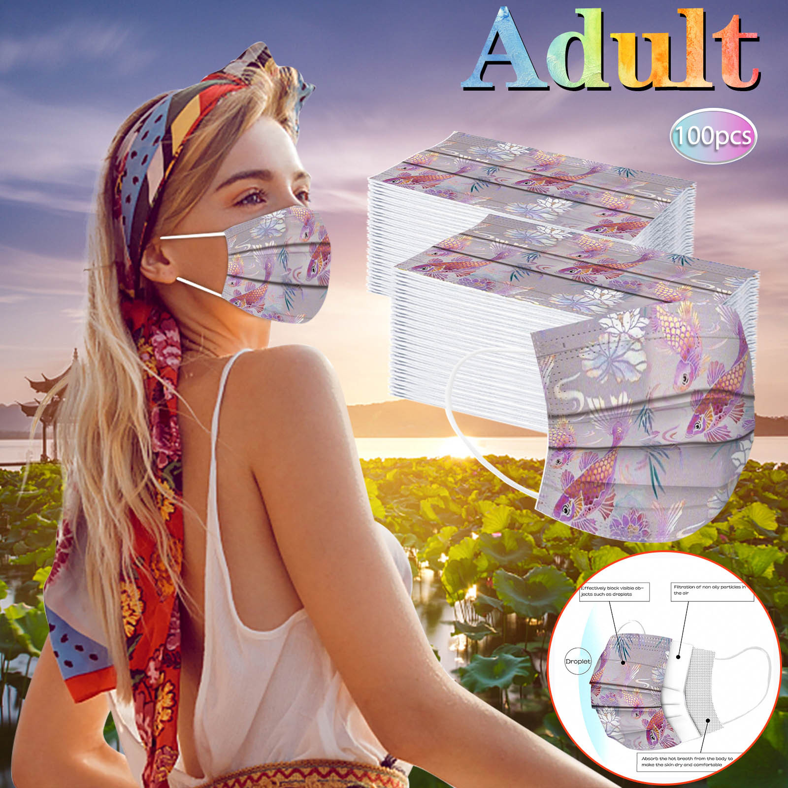 Máscara protetora descartável multi-camada para adultos, design de filtro de algodão, padrão impresso na moda, moda casual, 100 pcs