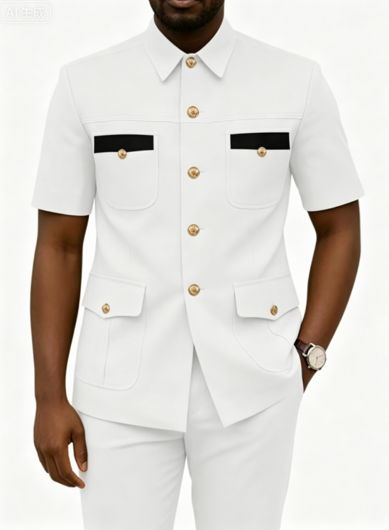 Completo Safari di Lusso Bianco da Uomo a Maniche Corte, 2 Pezzi con Tasche a Contrasto Nere e Bottoni Dorati, per Affari, Matrimoni, Feste e Occasioni Casual