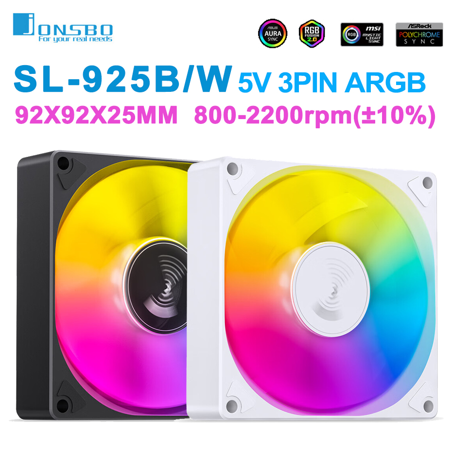 JONSBO SL-925 Black/White 92MM Case Fan 5V 3PIN ARGB Silent CPU Cooler Fan 4PIN PWM Intelligent Temperature Control