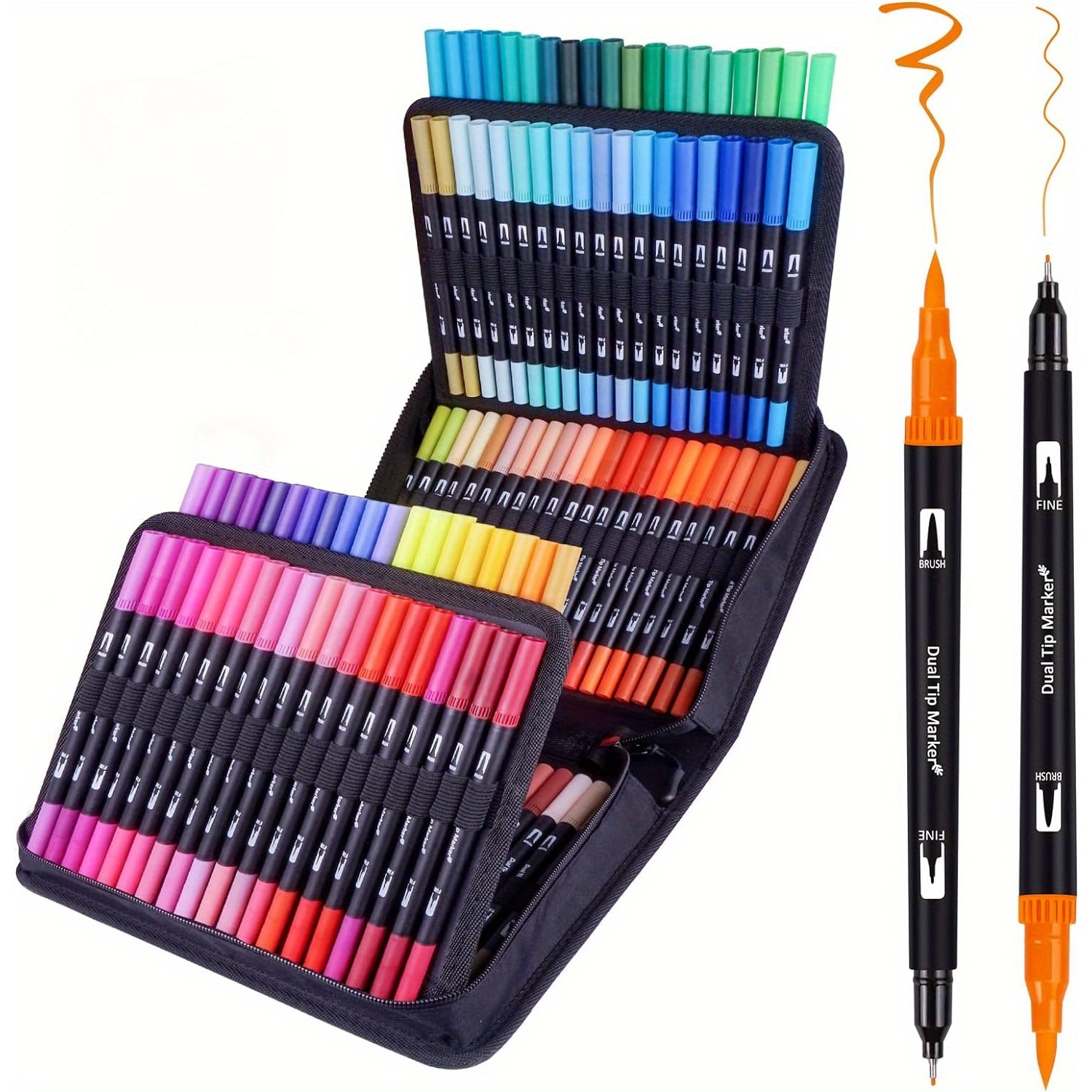 60/120 สี Dual Brush Tip Markers ชุด Double-headed Washable แปรงนุ่มปากกาสีดําแท่งและกระเป๋าผ้าแปรง & Fine Tip Marker