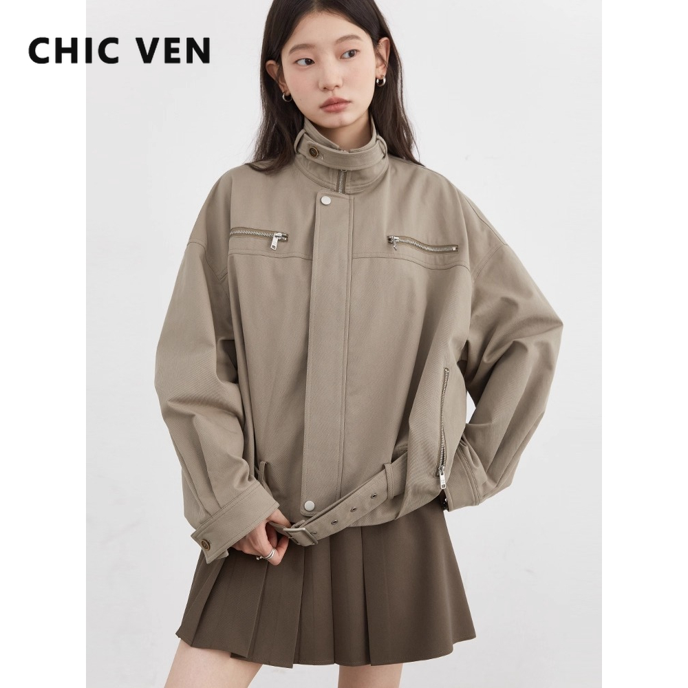 CHIC VEN Fashion Women Jackets Streetwear Casual Solid Retro Stand Up Collar Short Coat Girl Top Autumn Winter 2025