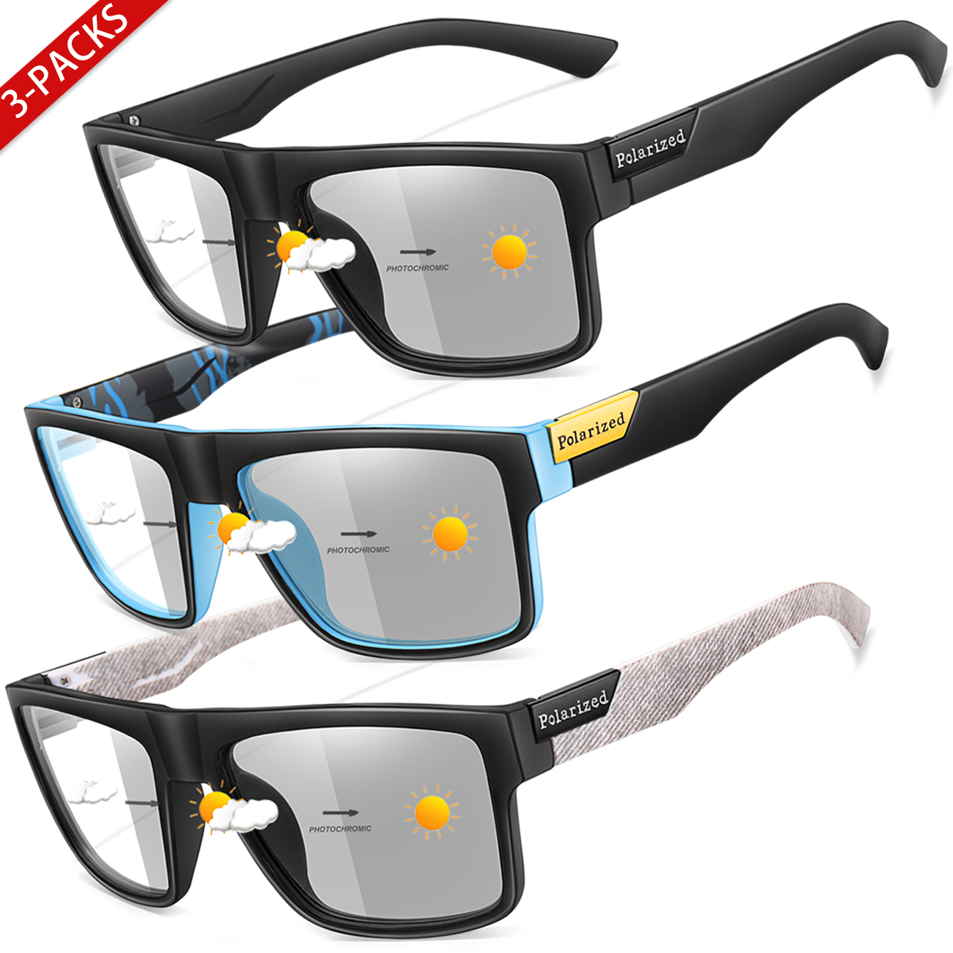 3 paia di occhiali da sole fotocromatici quadrati classici Sport all'aria aperta Ciclismo Corsa Guida Uomo Donna Festival Party Wear Eyewear