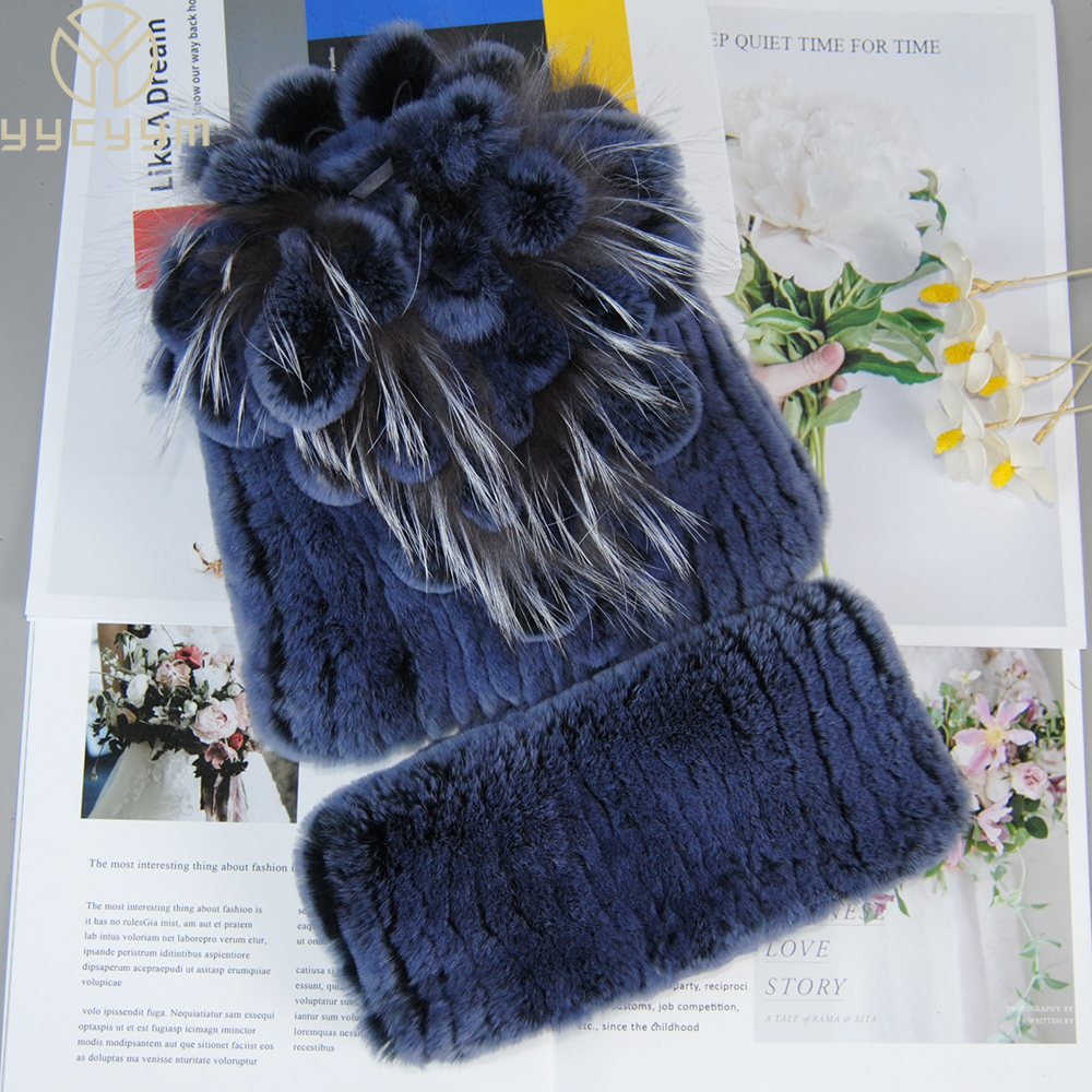 Hot Sale Women Warm Rex Rabbit Fur Hat Scarf Sets Winter Lady Knit Fur Hats Muffler 2 Pieces Natural Rex Rabbit Fur Cap Scarves