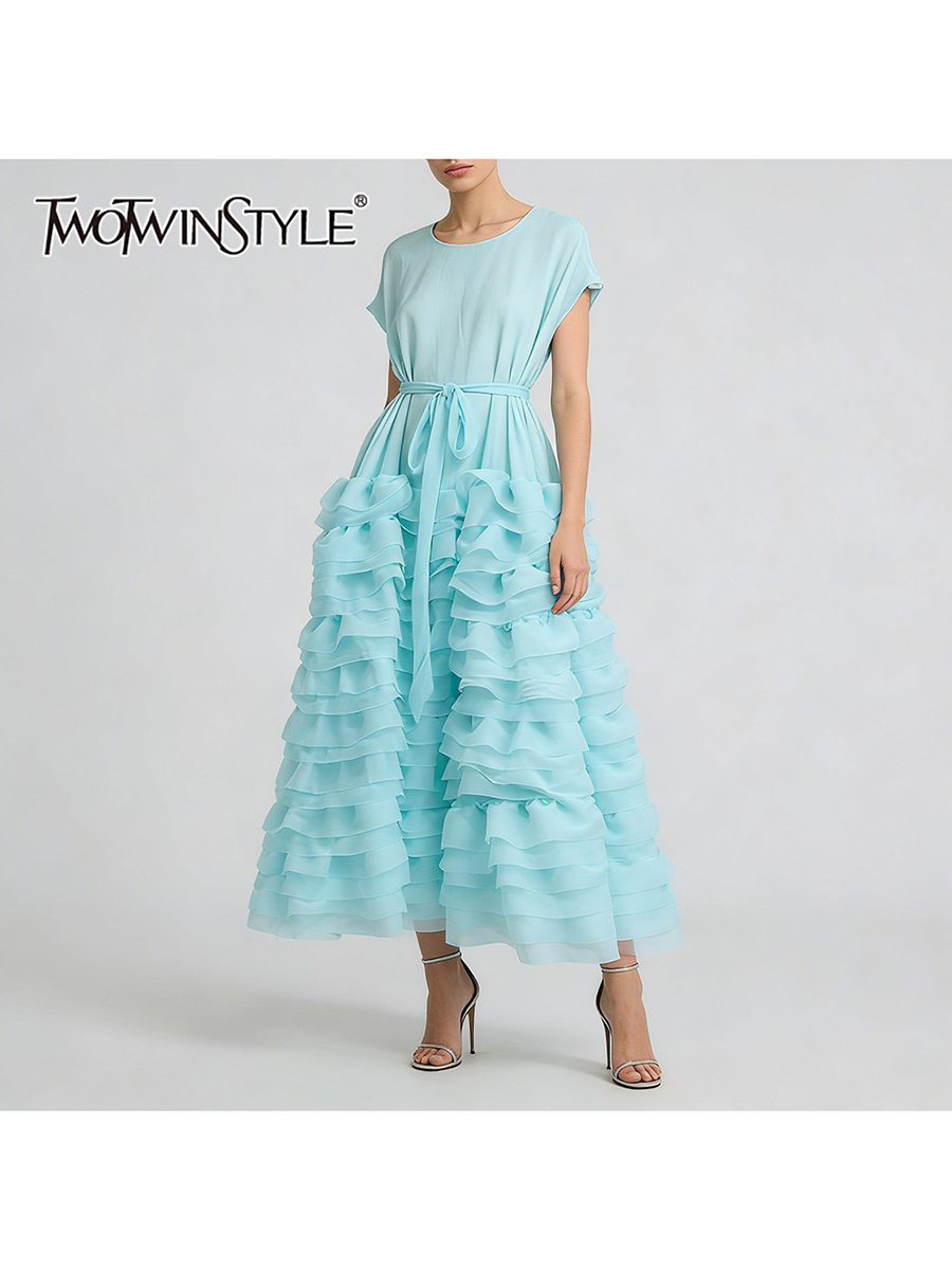 TWOTWINSTYLE solide épissé volants plis robes de mode pour les femmes col rond sans manches taille haute Patchwork à lacets robe femme