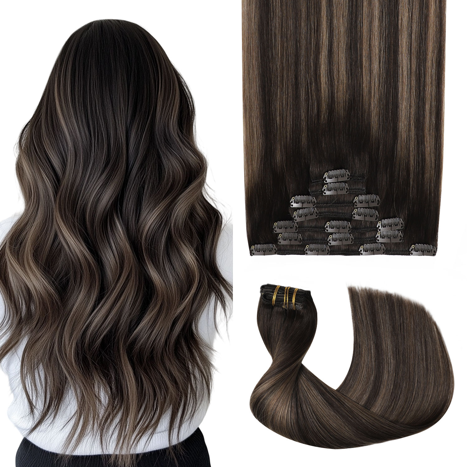 Doczepiane włosy naturalne Sweetmet Pro2.0 Clip in Extensions, 120g, gęste, 7 sztuk # Doczepiane włosy Remy, odcień 2/6/2 ciemny brąz z średniym brązem, na klips, 35cm-55cm, bezszwowe, podwójnie tkane, dla kobiet.