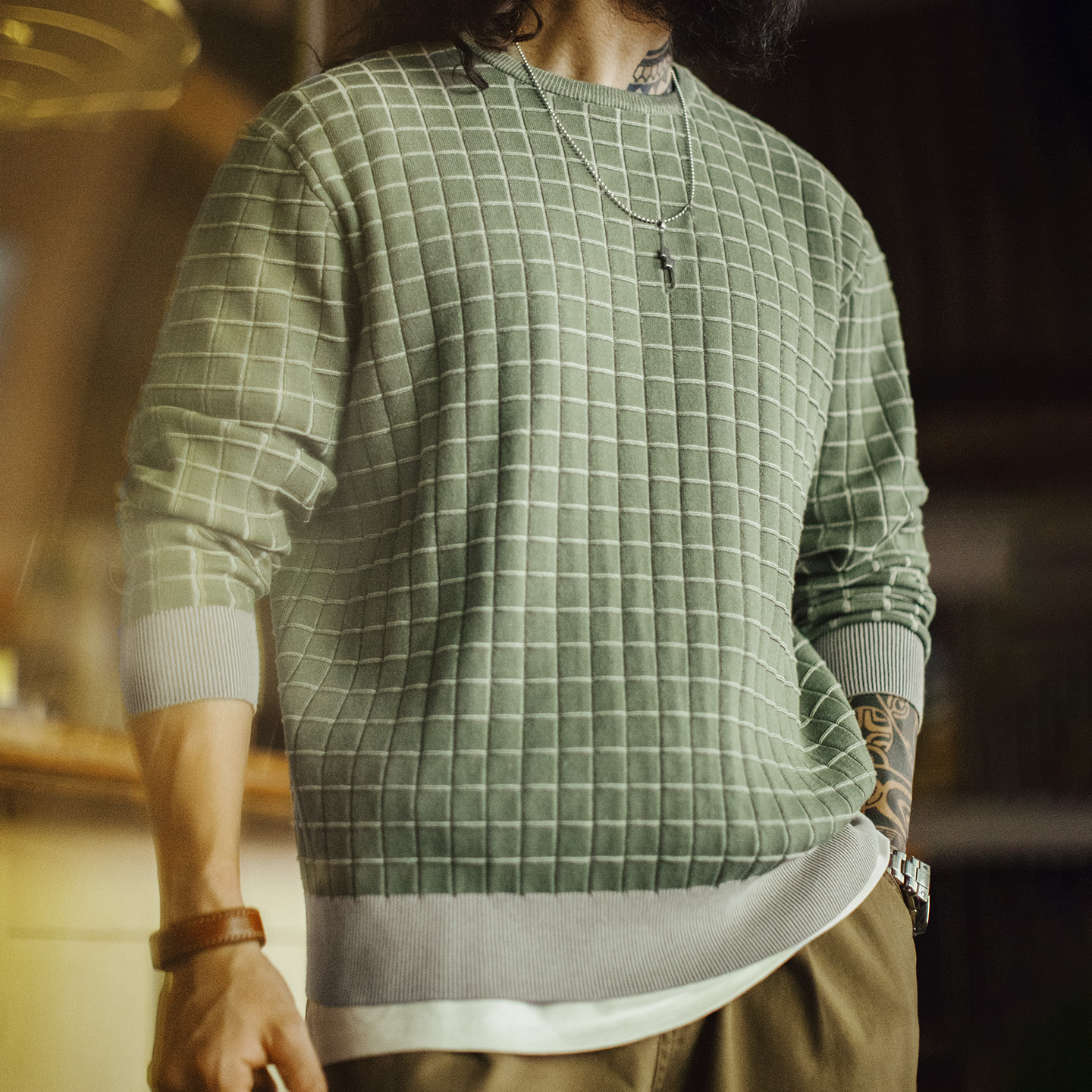 Sudadera Retro a Cuadros para Hombre, Cuello Redondo, Verde, Informal, para Primavera, Ropa Exterior, Manga Larga, Camiseta Interior para Invierno