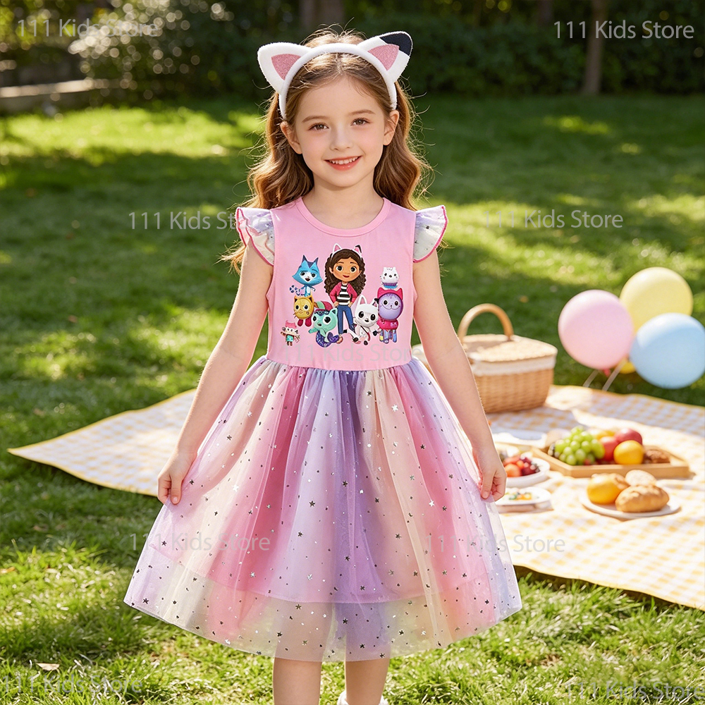 Vestidos Diários de Verão para Meninas, Vestido de Princesa com Mangas de Tule e Estrelas, Fantasia de Cosplay Infantil Gaby + Faixa de Cabelo, Presente de Aniversário