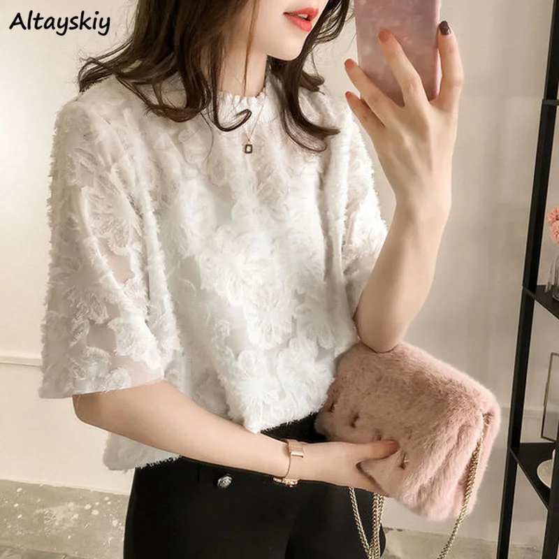 Blusa femenina de media manga con encaje para verano, blusa femenina de estilo coreano, cómoda, de ocio, para fiesta