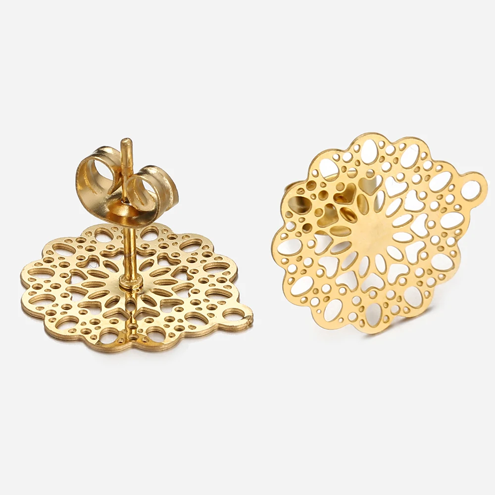 10pcs Stainless Steel Flower Ear Studs Hollowed Out Earring Base with Earplug for Earrings Jewelry Making DIY Findings Accessory