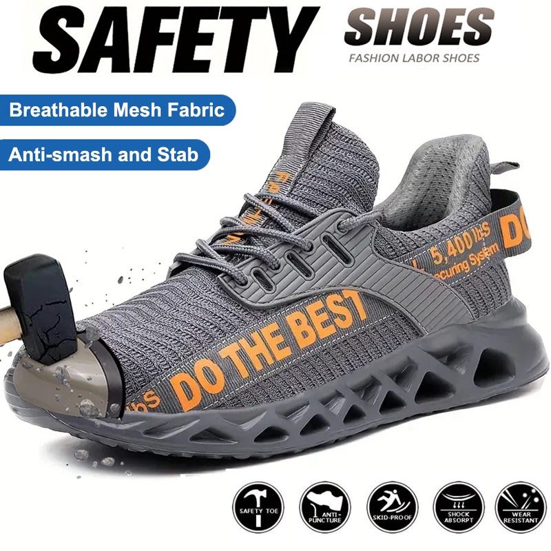 Sapatos de segurança com biqueira de aço para homens, leves, respiráveis, cinza, anti-esmagamento, anti-furos, confortáveis e duráveis