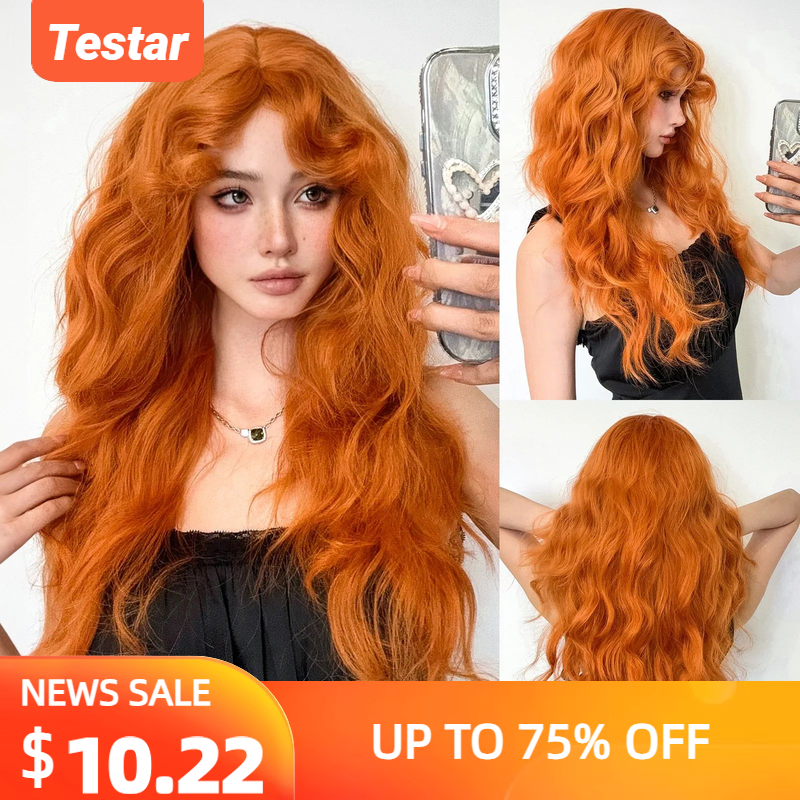 Pelucas de fiesta para niñas, pelo rizado esponjoso con flequillo, peluca sintética naranja para mujeres, pelucas de Cosplay, fibra Natural resistente al calor para uso diario