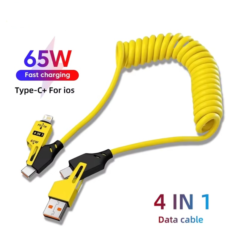 Câble de données court à ressort 4 en 1 65W 6A USB Type C, chargeur rapide télescopique à ressort, câble USB à ressort pour iPhone 15 14 13 12