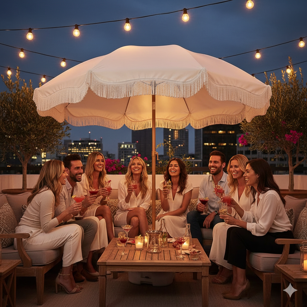 Witte parasol met kwastjes, verstelbare richting, voor buiten, patio, strand, vakantie.
