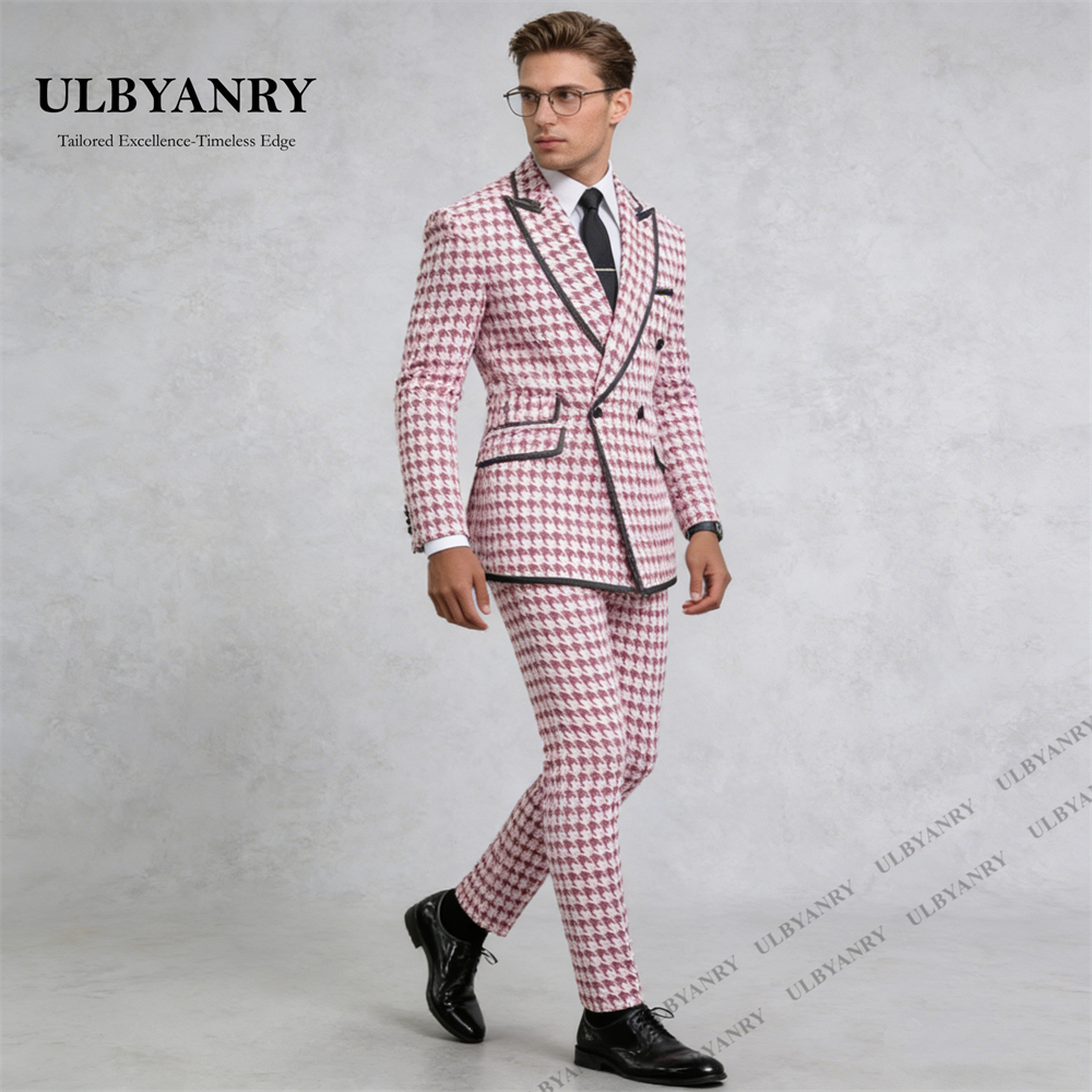 ULBYANRY Conjunto de traje de hombre con estampado de pata de gallo y doble botonadura con ribete negro para bodas, fiestas y celebraciones, conjunto de chaqueta y pantalón de corte ajustado para citas