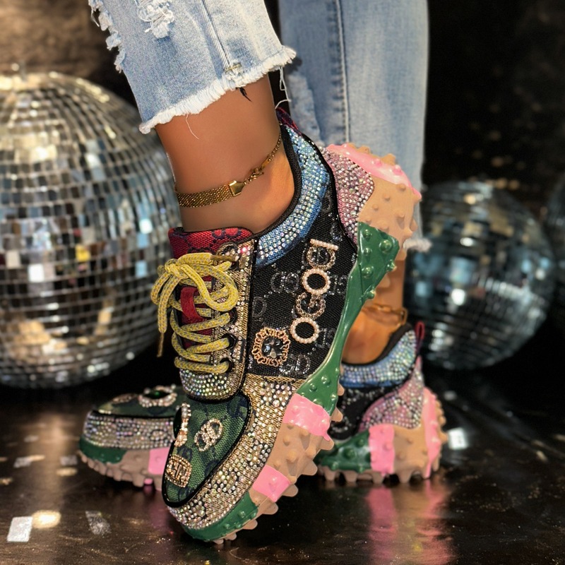 Women's Fashion Casual Shoes Water Diamond Thick Bottom Women's Sparkling Crystal Luxury Sports Shoes Designer Vulcanized Shoes