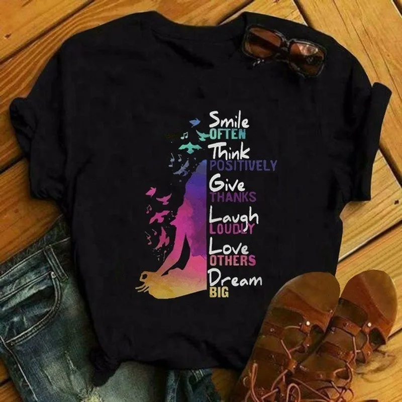Sorriso amor sonho impressão das mulheres t camisa de manga curta o pescoço solto tshirt das senhoras moda camiseta tops roupas mujer