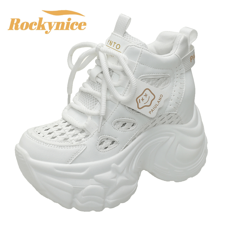 Damskie sneakersy na grubej podeszwie 10 cm, nowe na lato 2025, wysokie platformy, siateczkowe buty typu \"dad shoes\", damskie buty sportowe, gruba podeszwa, wulkanizowane buty.
