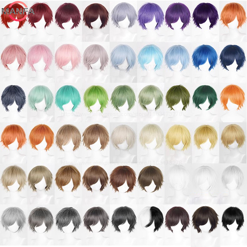 อะนิเมะ 30 ซม.คอสเพลย์สั้นตรงวิกผมสีดําสีขาวสีเขียวสีน้ําตาลสีม่วงสีฟ้าสีเทาสีแดงทองผู้หญิงสังเคราะห์ทนความร้อนผม
