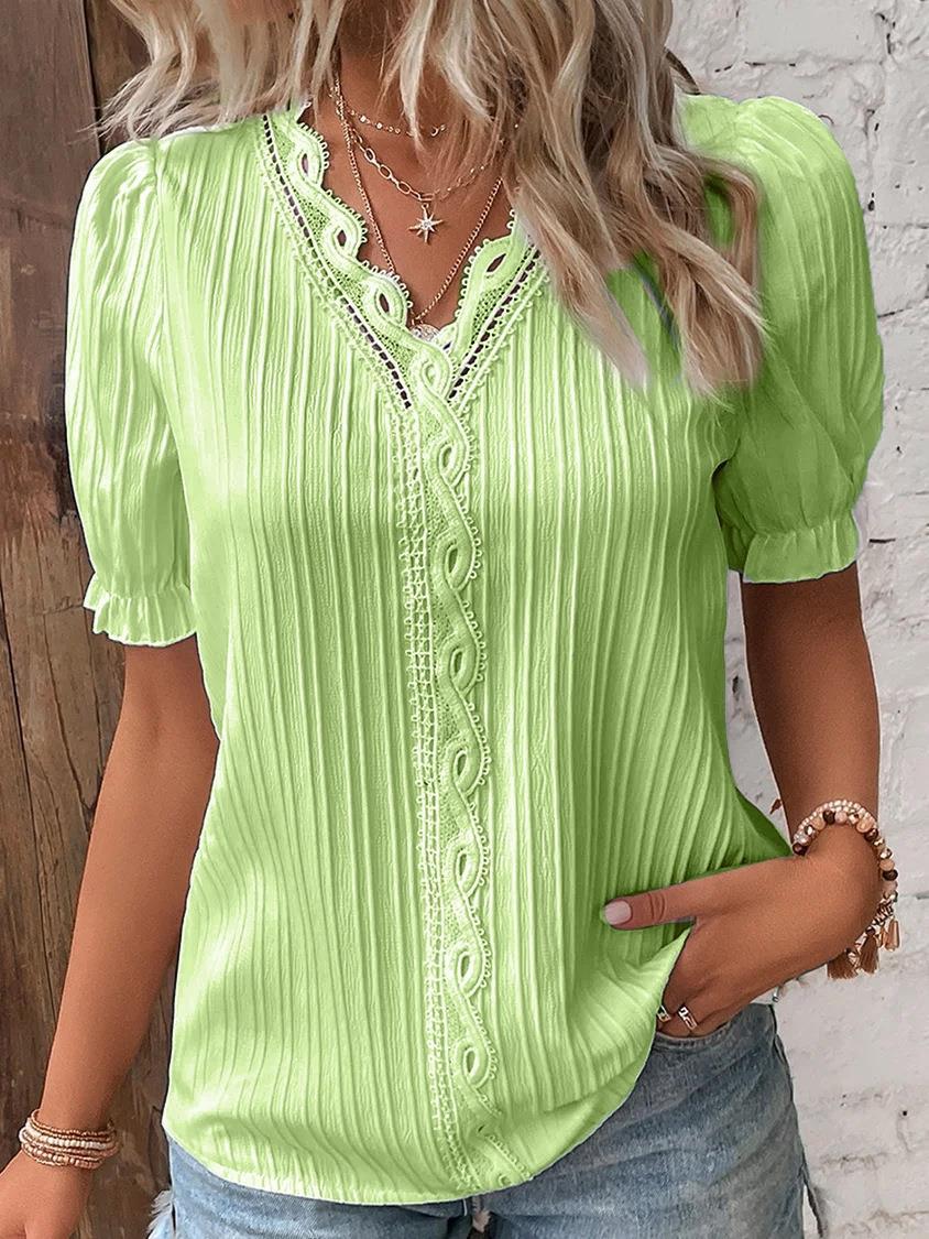 Blusa com patchwork em gola v feminina, camisas de manga curta, elegante lady tops, verão