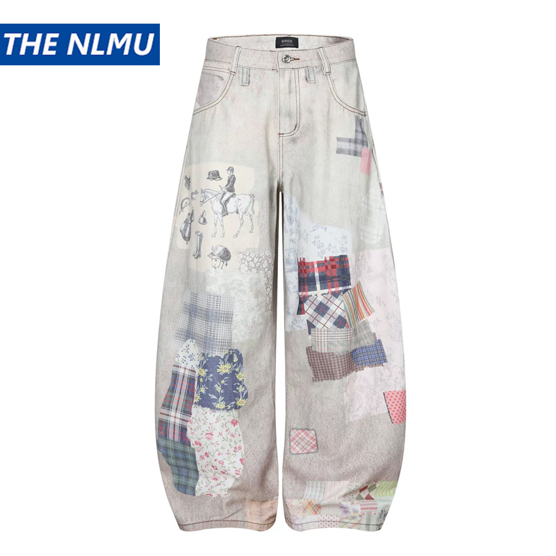Unisex retro grafische print loszittende denimbroek trendy wijde pijpen jeans voor dames heren streetwear