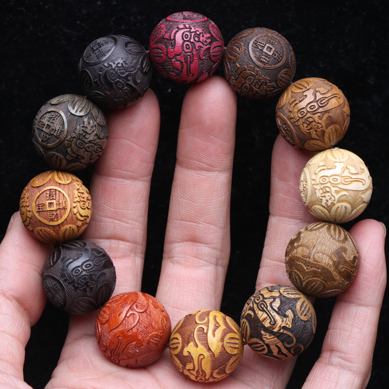 Natürliches mehrfarbiges Holzarmband für Herren, 20 mm, elastisches Armband, Holzperle, Glücksskulptur, mythisches Tier