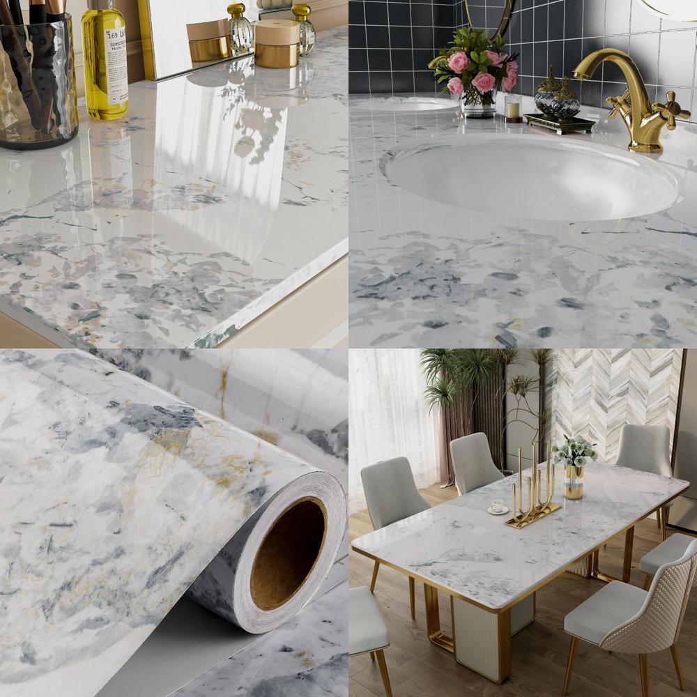 Extra Wide Waterproof Glossy Marble Countertop Contact Paper, 36x160 Inches, Peel and Stick for Kitchen and Bathroom Surfaces