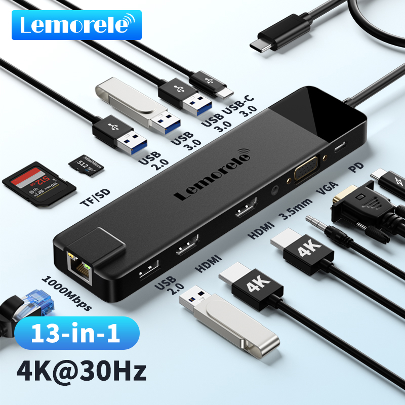 Lemorele TC100 13 Port Usb Hub 3.0 High Speed Hub Usb Type C HDMI 4k RJ45 1000mbps SD TF For Laptop MacBook VGA For TV Displayer