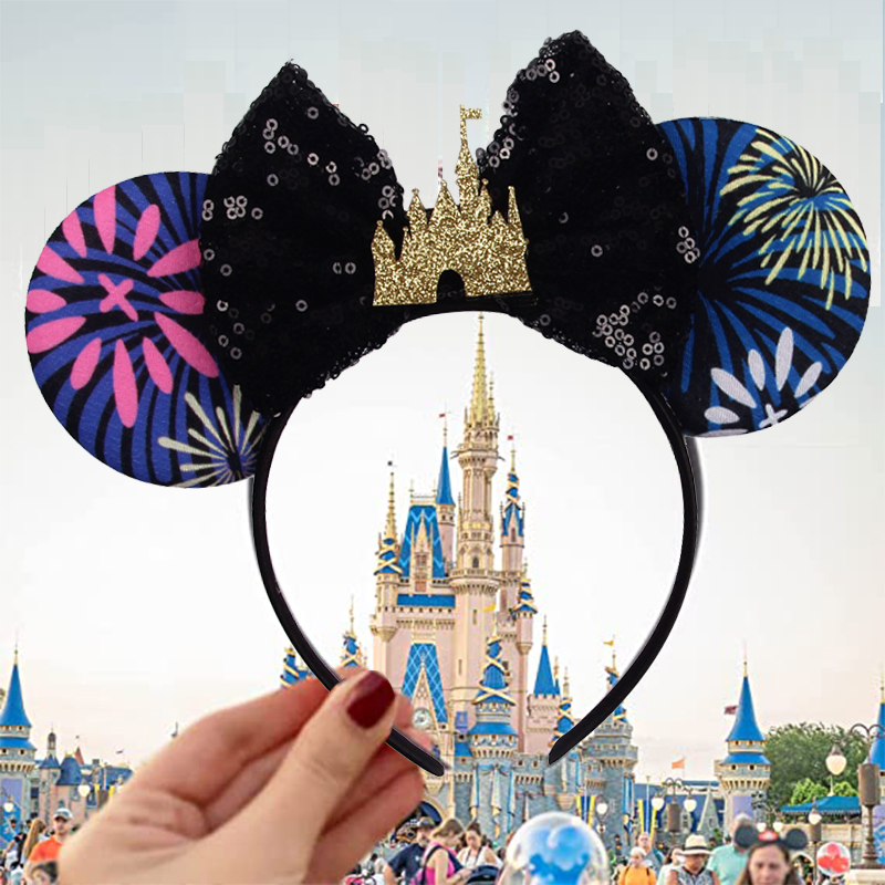 Serre-tête Disney Castle Mickey Mouse avec oreilles et nœud à paillettes, accessoire de cheveux pour filles, idéal pour cosplay, cadeau de fête pour adultes/enfants