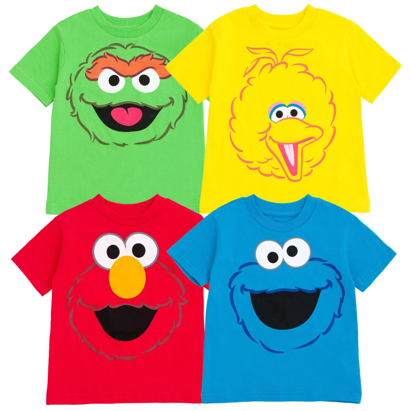 Koszulki dla maluchów z Ulicy Sezamkowej, zestaw 4 sztuk, Elmo, Oscar, Big Bird, Ciasteczkowy Potwór, urocze postacie z kreskówek, miękki, elastyczny materiał