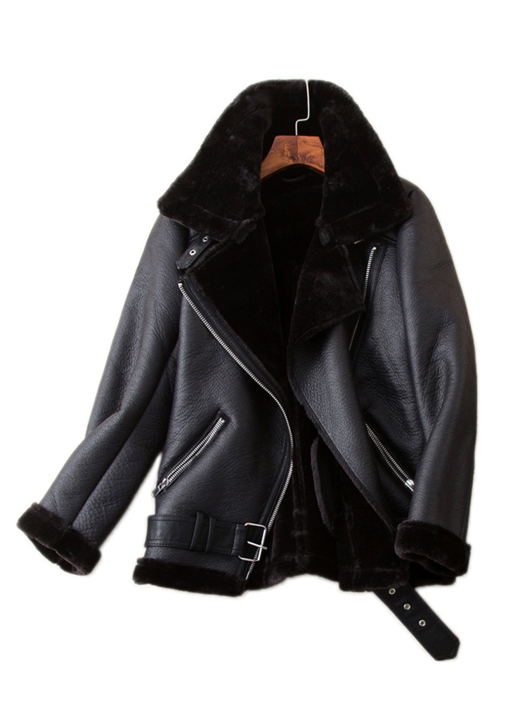 Ailegogo casacos de inverno feminino espessura pele do falso pele de carneiro feminino jaqueta de couro aviador outwear casaco feminino