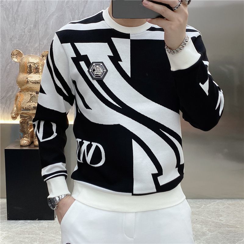 Tendencia versátil otoño nuevos hombres cuello redondo estampado contraste Color insignia HighStreet moda Casual manga larga sudaderas Tops