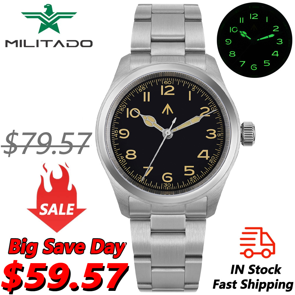 Militado ML08 Военные часы VH31 Кварцевый механизм с двойным сапфировым стеклом C3 BGW9 Светящиеся 10 бар Водонепроницаемые винтажные часы 38 мм