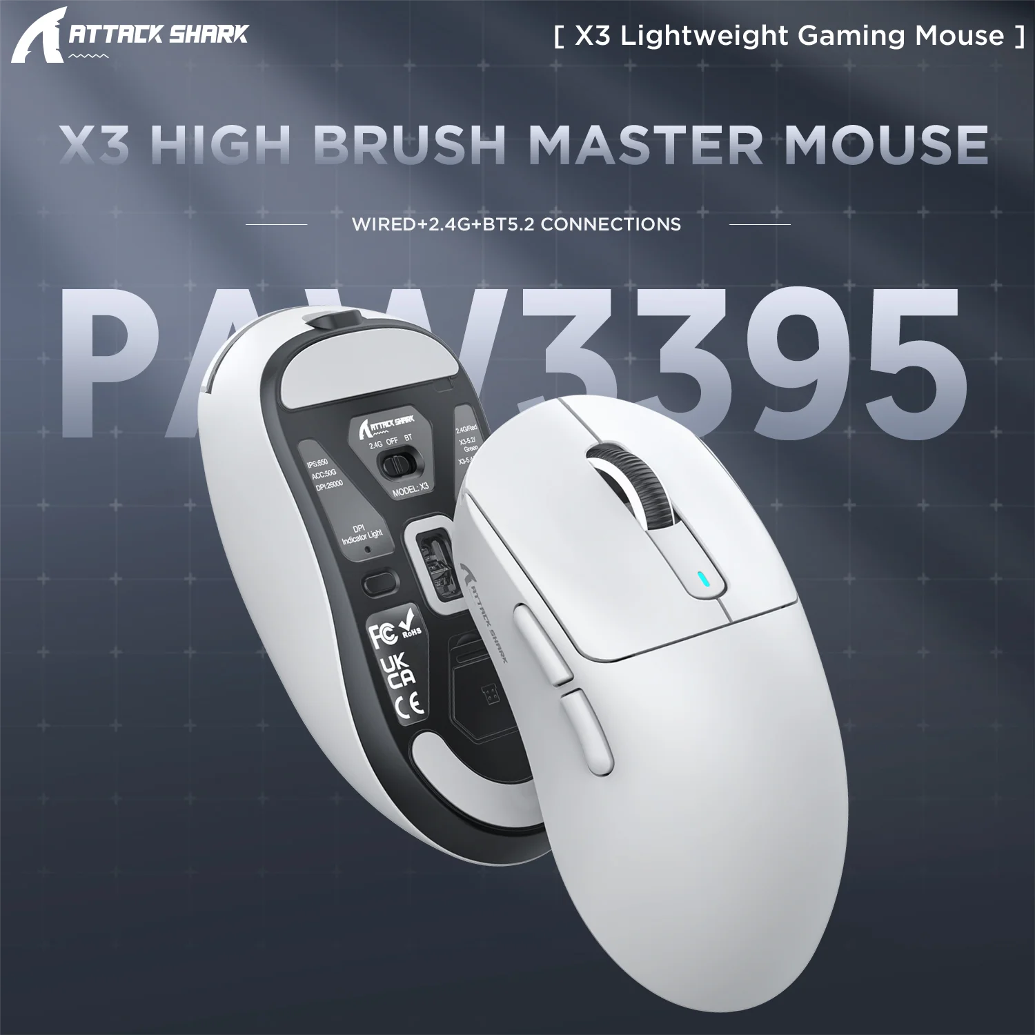 Mysz Bluetooth Attack Shark X3 PixArt PAW3395, trójtrybowe połączenie 2.4G, 26000dpi, 650IPS, lekka mysz do gier z makrami