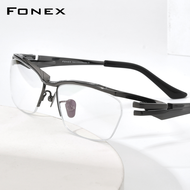 FONEX Brillengestell aus reinem Titan für Herren, Markendesign, halbrandlose, quadratische Brille, halbrandige, ultraleichte japanische Brille 85709