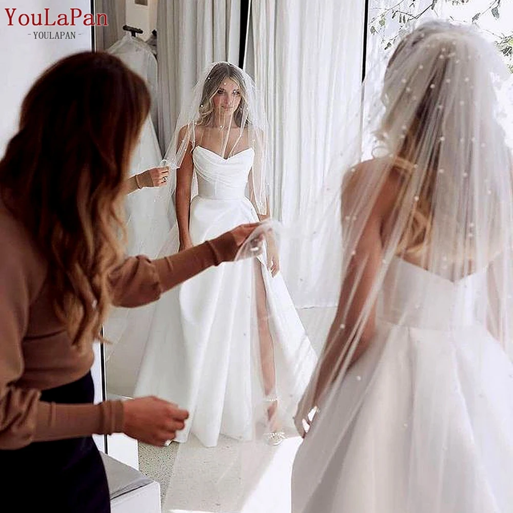 YouLaPan V114 Pearl Veil with Blusher 2 Tiers Bridal Veil Cathedral White Ivory Wedding Veil with Pearls Bride Veils Cover Face