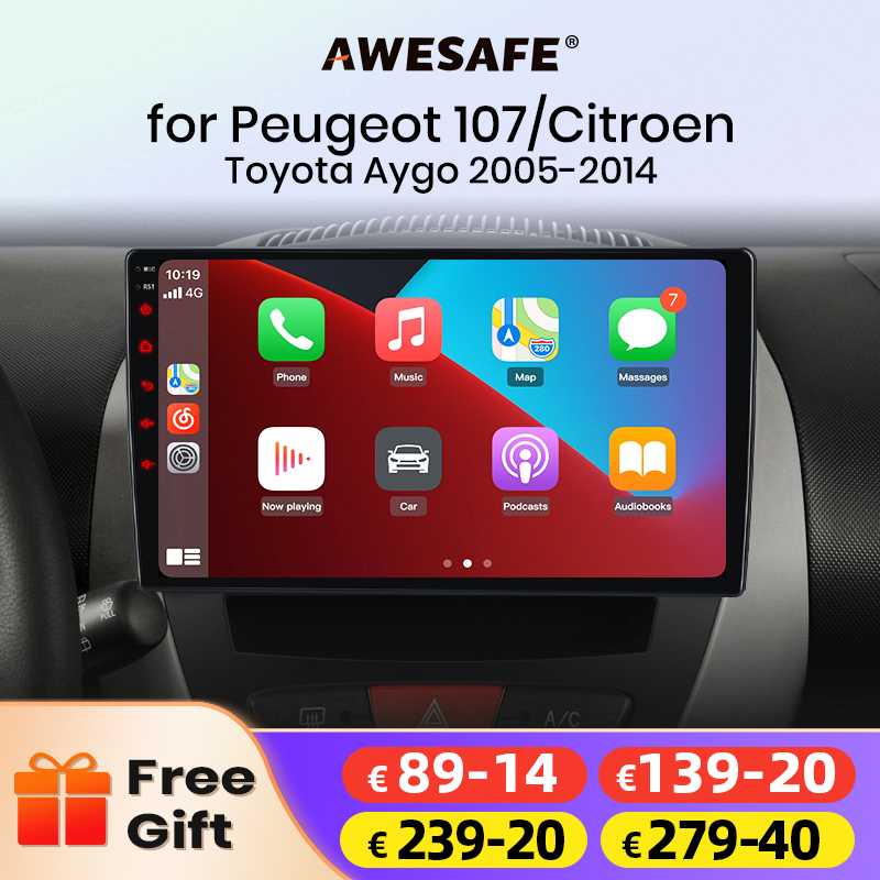AWESAFE ไร้สายคาร์เพลย์ แอนดรอยด์ ออโต้รถวิทยุสเตอริโอสำหรับเปอโยต์ 107 ซีตรอง C1 โตโยต้า ไอโก้ 2005-2014 ระบบอัจฉริยะในรถยนต์ BT FM RDS Plug & Play SWC UK จัดส่ง