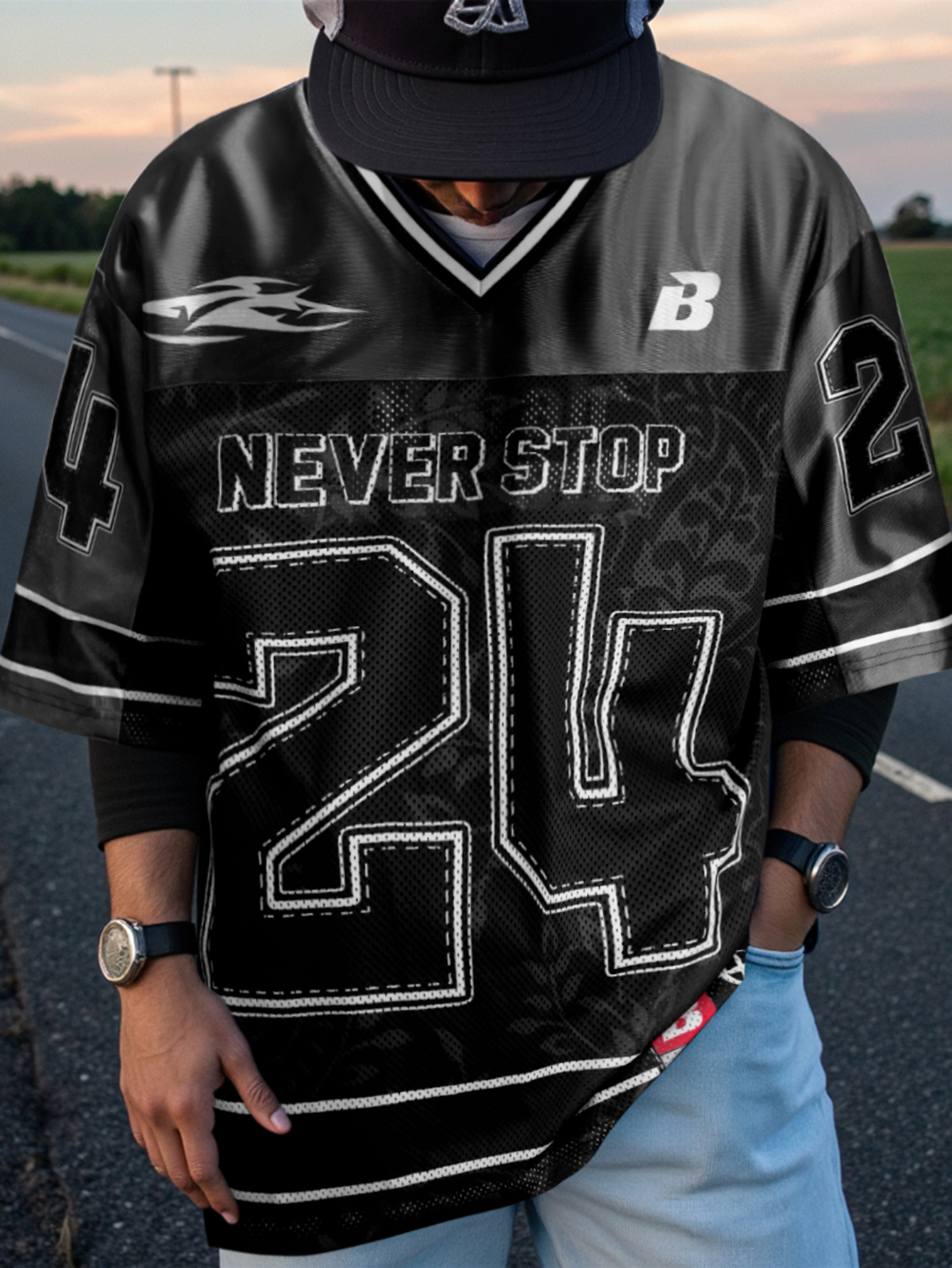 Maglia Oversize da Uomo Streetwear con Stampa '24 Never Stop Football', in Poliestere Nero Multicolore, Taglie S-2XL, 1 Pezzo