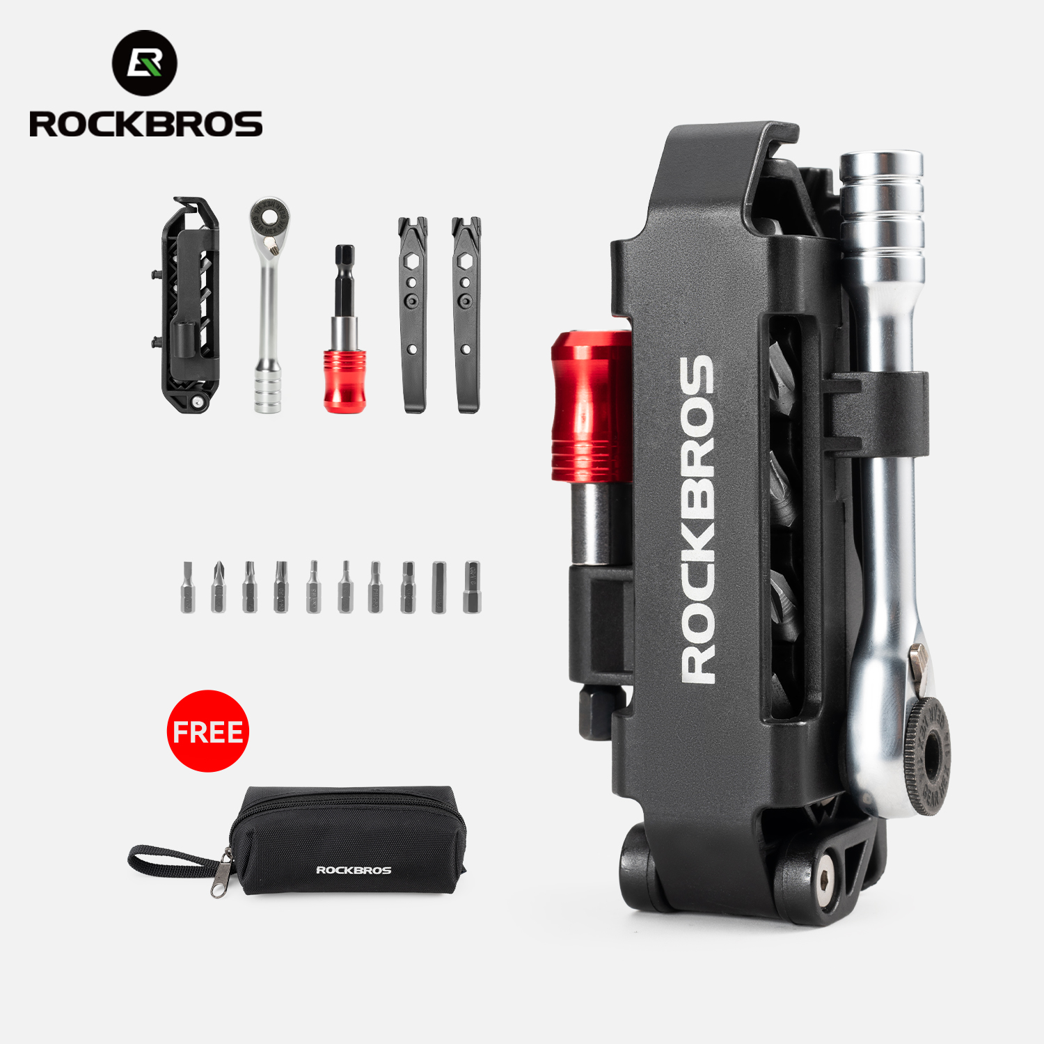 Zestaw narzędzi rowerowych ROCKBROS, wielofunkcyjny klucz zapadkowy, kompaktowy składany zestaw narzędzi rowerowych z aluminiową rączką.
