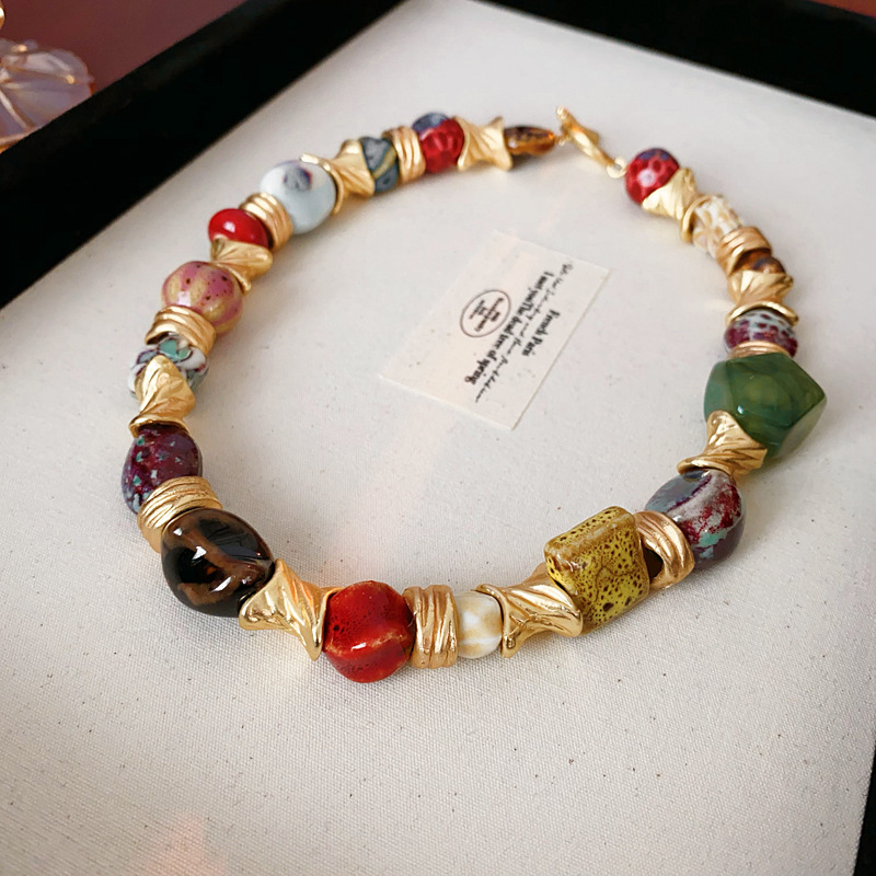 Colar Curto de Cerâmica Estilo Medieval, Corrente Geométrica Redonda da Moda para Clavícula, Acessório Elegante Feminino para Aniversário
