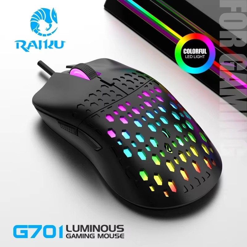 RAIKU G701 Mouse game dan Kantor lampu warna-warni, kabel 6 tombol untuk sistem IOS Microsoft Windows dan Apple
