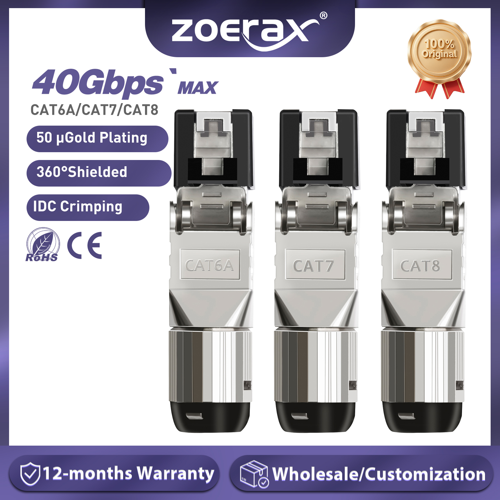 Conectores ZoeRax RJ45 Cat8 Cat7 Cat6A, Conector Modular Blindado sin Herramientas, 2000MHz 40G, Cable LAN para 22AWG-24AWG