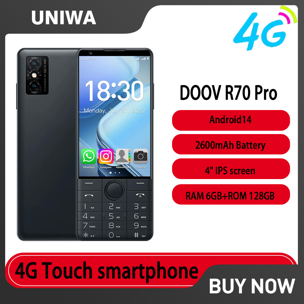 DOOV R70 Pro 4G teclado táctil Google teléfonos inteligentes 4 "IPS 6GB + 128GB Android14 16mp 2600mAh Whatsapp teléfono móvil multilingüe