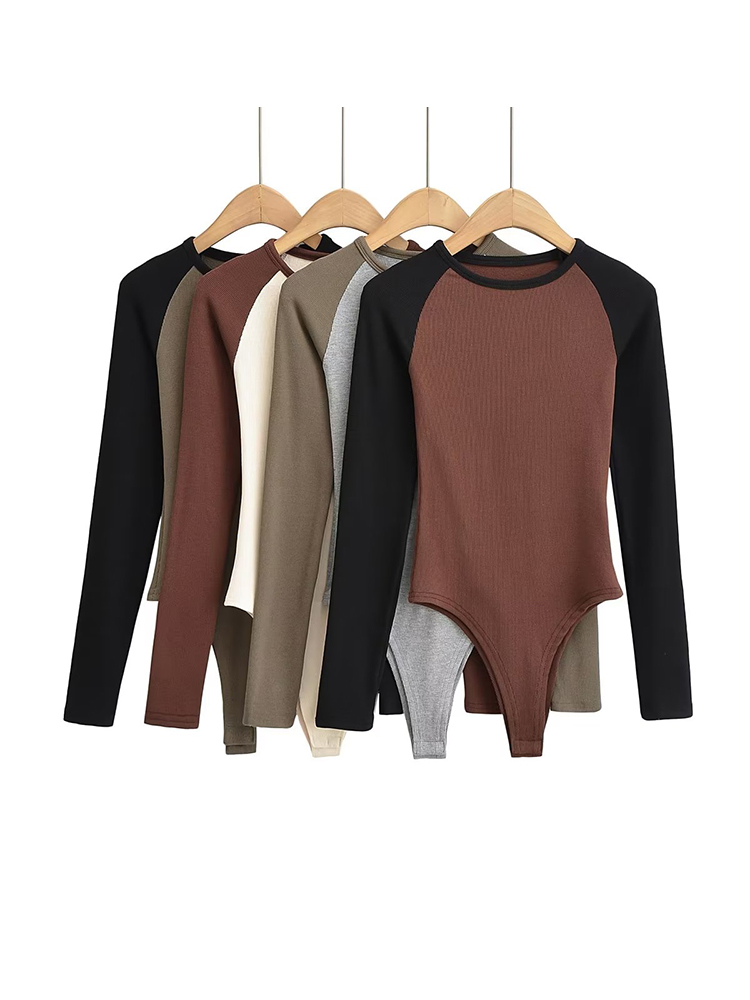 Kobiety z długim rękawem O-neck z dzianiny body z polaru rozciągliwy wąski Patchwork kolor kombinezony