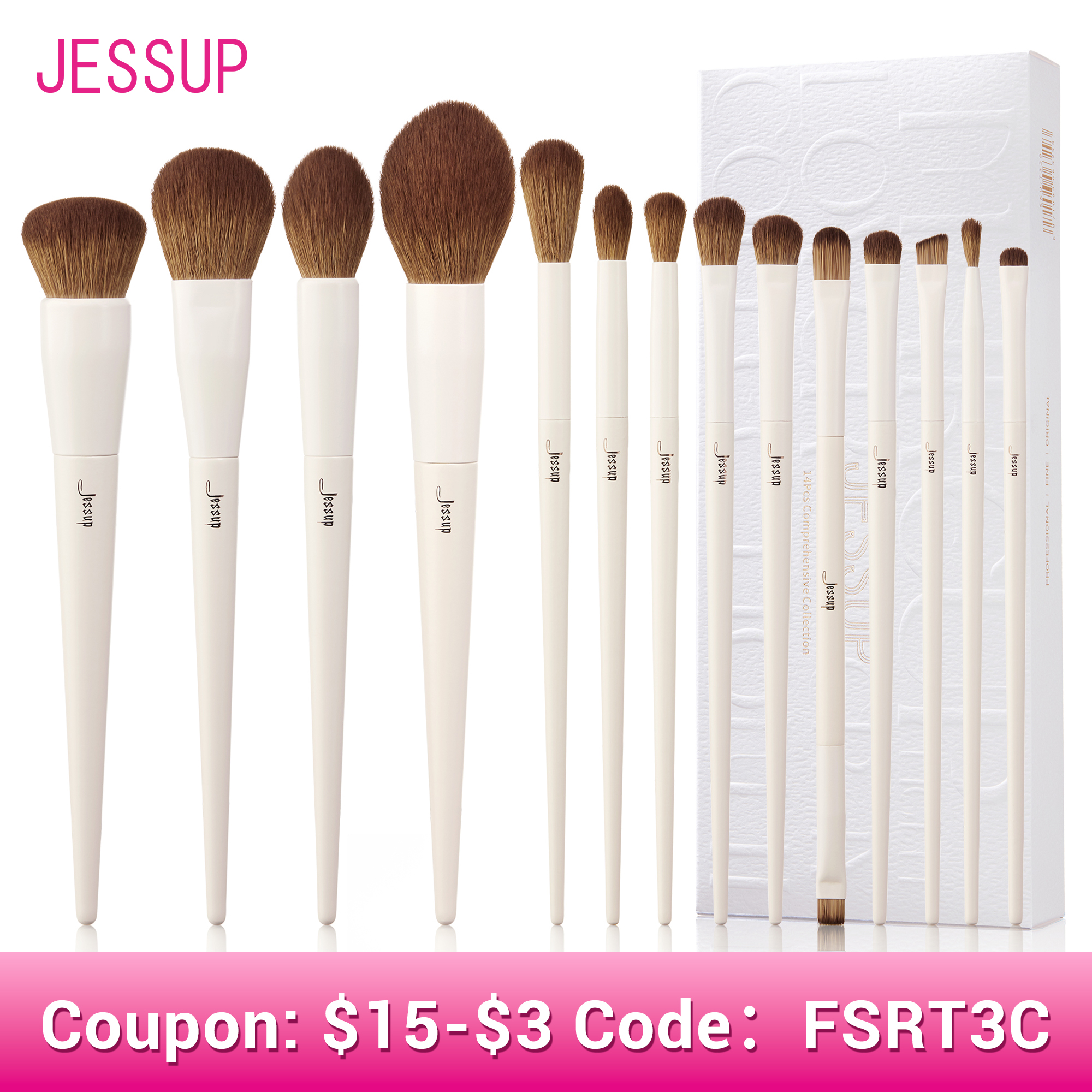 Set di Pennelli da Trucco Jessup 10-14 Pezzi, Pennelli Sintetici per Fondotinta, Cipria, Contorno, Ombretto, Eyeliner, Sfumatura e Illuminante T329